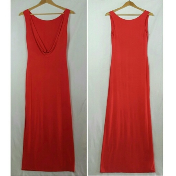 Bebe NWT coral open cowl back sleeveless maxi dress rayon spandex blend - Picture 2 of 9